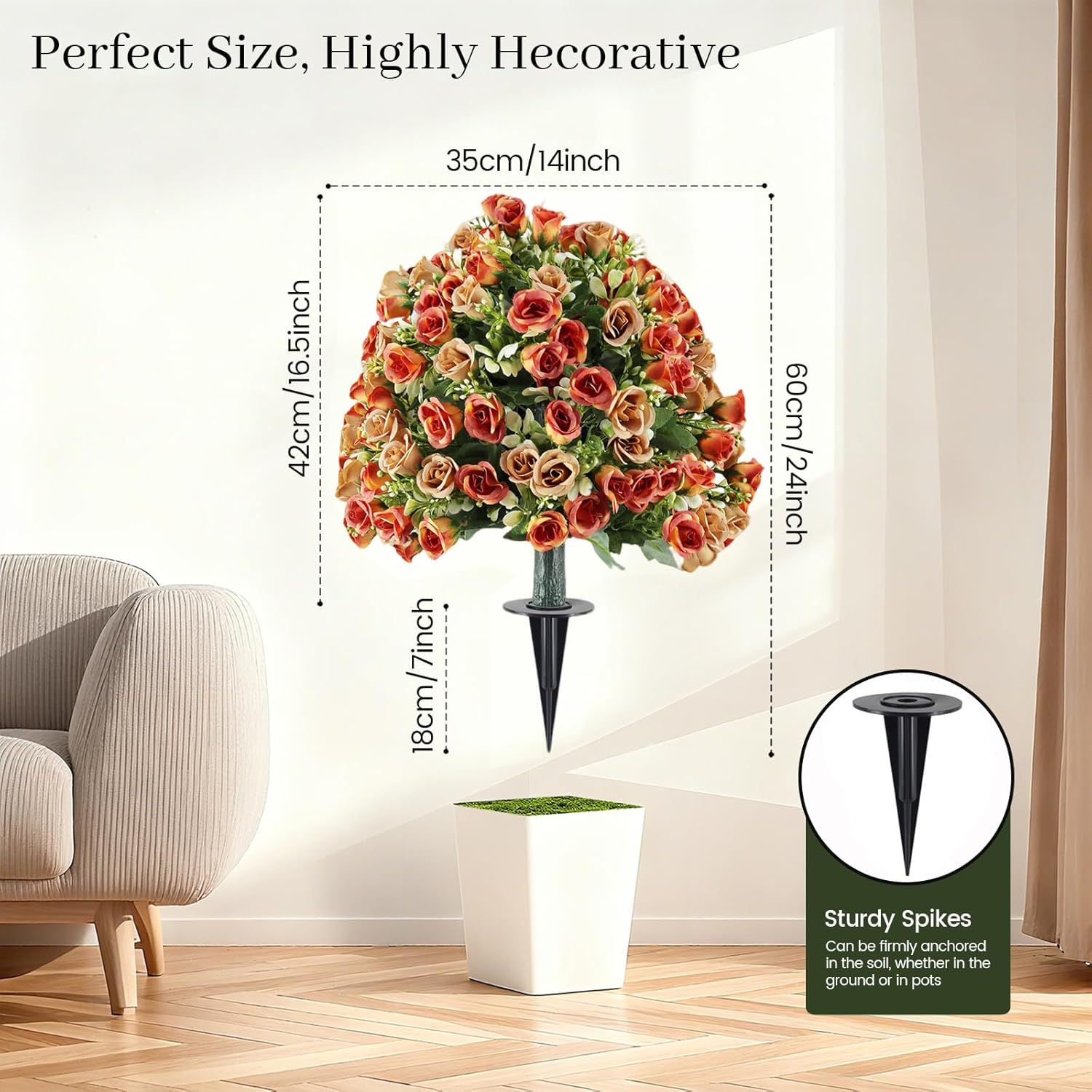 Set of 2 Artificial Topiary Ball Trees with Rose Flowers, 24" Fake Boxwood Shrubs for Outdoor with Ground Spike, UV Resistant No Fade Faux Greenery Plants for Indoor Garden, Patio, Porch (Orange)