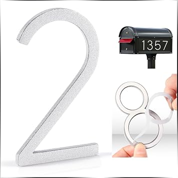 VONDERSO 3 Inch Self-Adhesive Mailbox Numbers and Letters for Outside, Thick Foam Adhesive for Strong Adhesion, Aluminum Alloy with Powder-Coated Finish, No Fading, Rustproof Glossy Silver Number 2