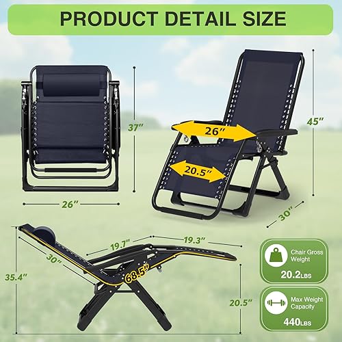 Miniatura 82 de Suteck Zero Gravity - Silla reclinable de camping con cojín extraíble, bloqueo mejorado y soporte para tazas, sillas reclinables de patio Negro