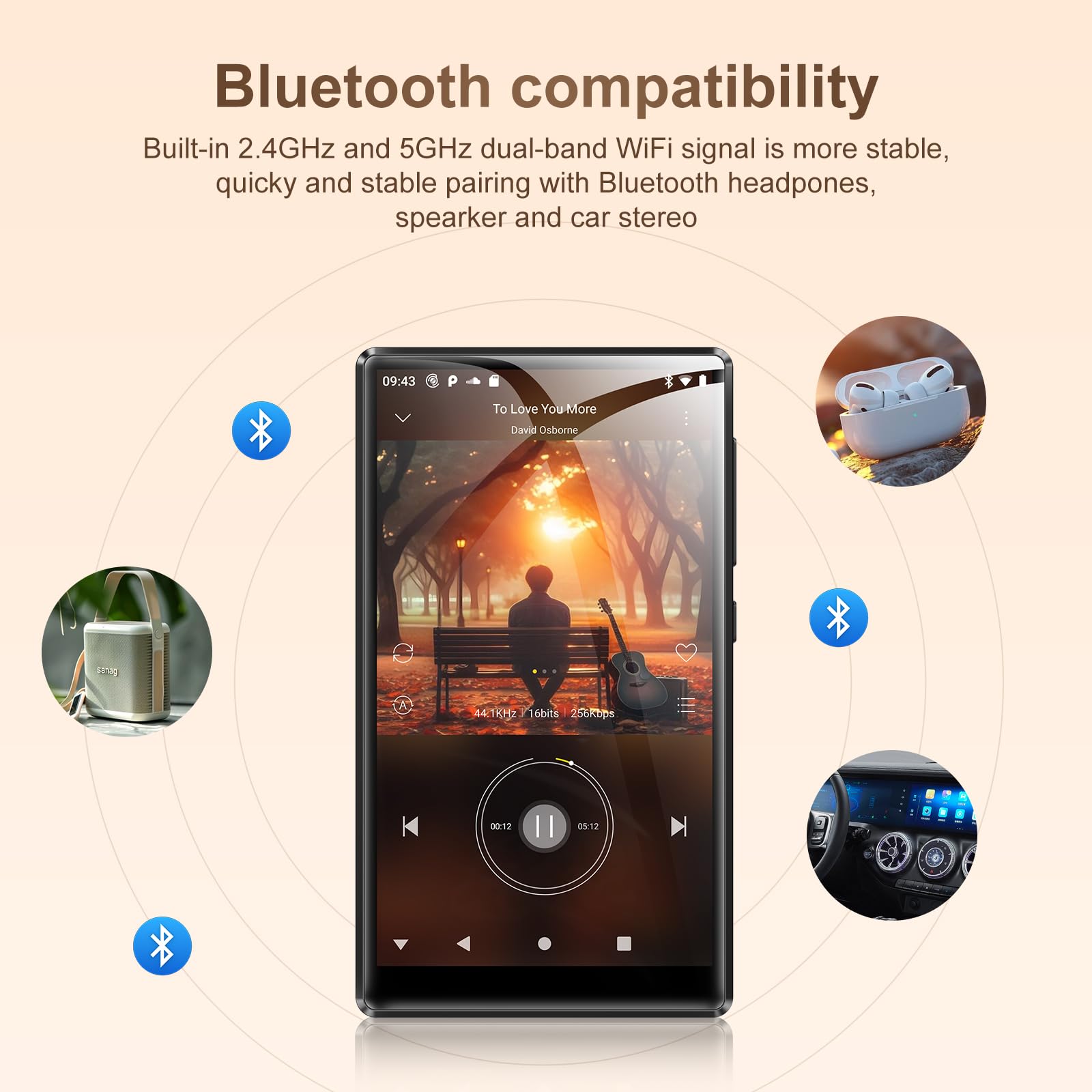 SWOFY MP3 Player mit Bluetooth und WLAN, 96GB HI-FI 5-Zoll Touchscreen, Android 13.0 MP3 MP4-Player mit Spotify, Amazon Music, FM Radio, E-Book, Browser für Kinder(Schwarz)
