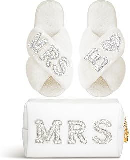Personalized Initial Wedding Bride Slippers MRS Pearl Letter Makeup Bag Bridal Shower Gifts for Wedding Day (E)