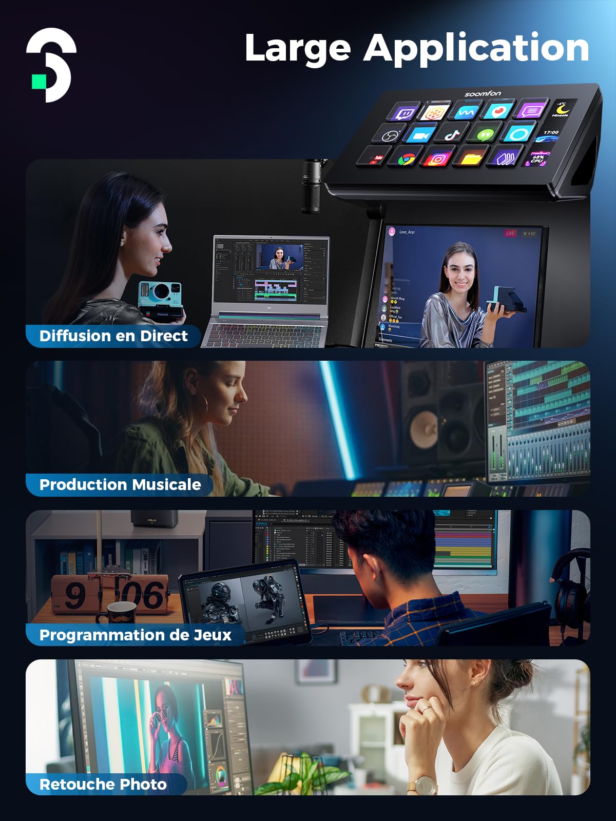 SOOMFON Stream Controller, Production Console Deck 15 Touches Macro, Stream Control Deck Déclencher des Actions dans OBS, Twitch, YouTube, Streamlab et autres, Stream Contrôleur Deck Compatible PC/MAC