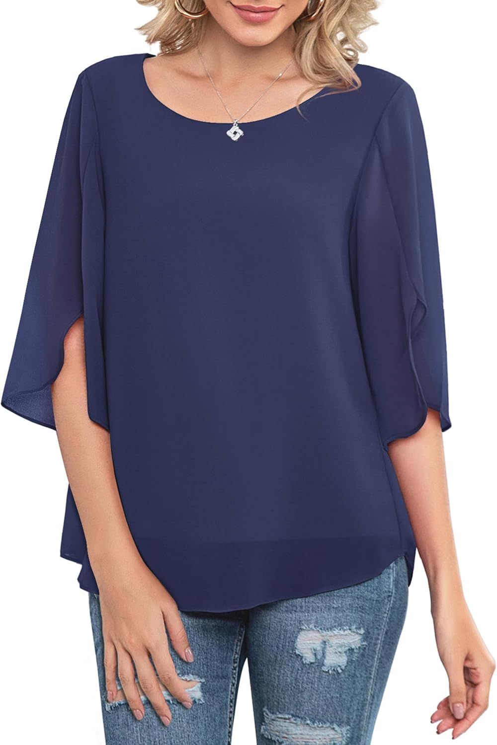 Neineiwu Womens Casual Scoop Neck Loose Top 3/4 Sleeve Chiffon Blouse Shirt Tops