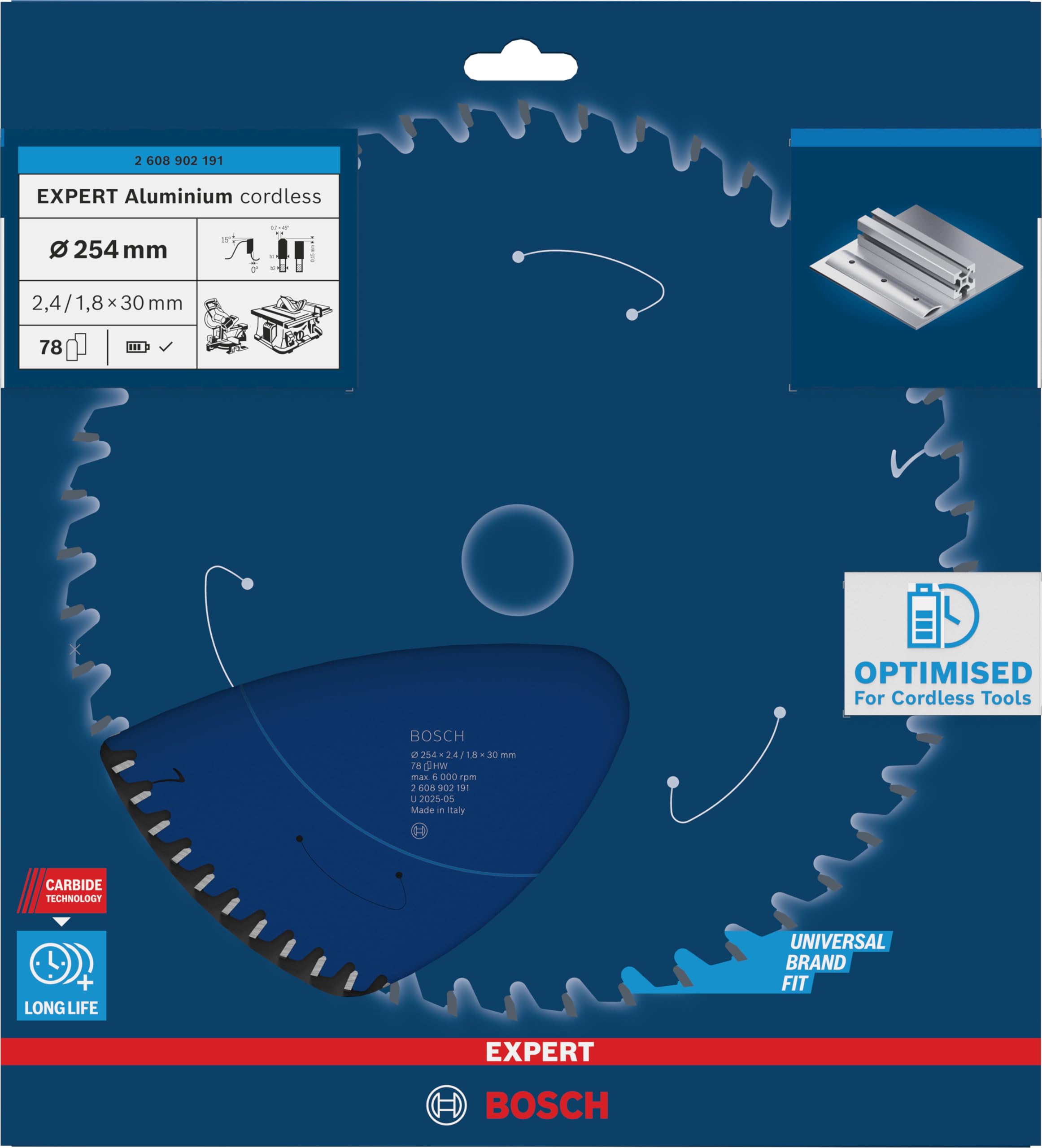 Bosch 1x Lama EXPERT Aluminium cordless per sega circolare da banco e portatile (per Alluminio, Ø mm, Professional Accessorio Troncatrice circolare a batteria, Sega circolare a batteria da banco)