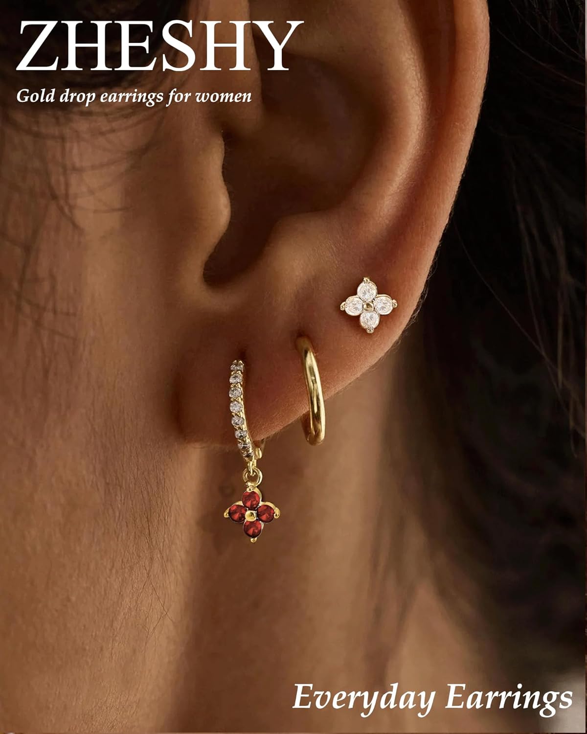 Birthstone Dangle Earrings for Women 14K Gold Plated Huggie Earrings 925 Sterling Silver Post Trendy Clover CZ Drop Earrings Hypoallergenic Womens Birthday Valentine's Day Gifts - Image 7