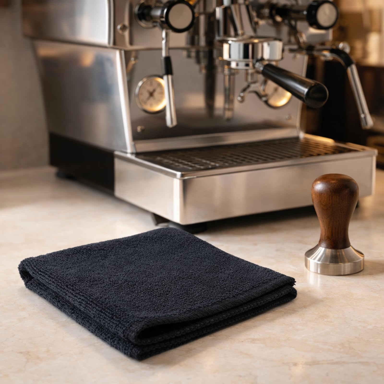 Zestaw 4 ściereczek Barista 30 x 30 cm, czarne ściereczki z mikrofibry, miękkie i chłonne, do czyszczenia sitka, wałka parowego, ekspresu do kawy i młynka do kawy, akcesoria do sitka