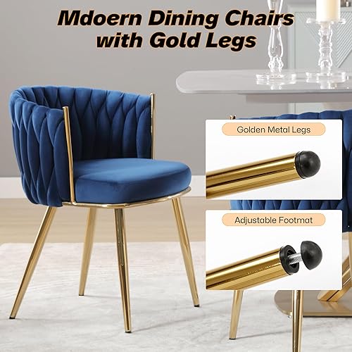 Miniatura 6 de Juego de 2 sillas de comedor tejidas de terciopelo, modernas sillas de comedor tejidas a mano con patas de metal dorado, sillas tapizadas con marco