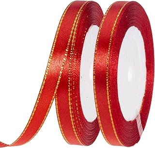 50 Yards 3/8 Inch Red Satin Ribbon with Gold Edges, Gold Border Fabric R...