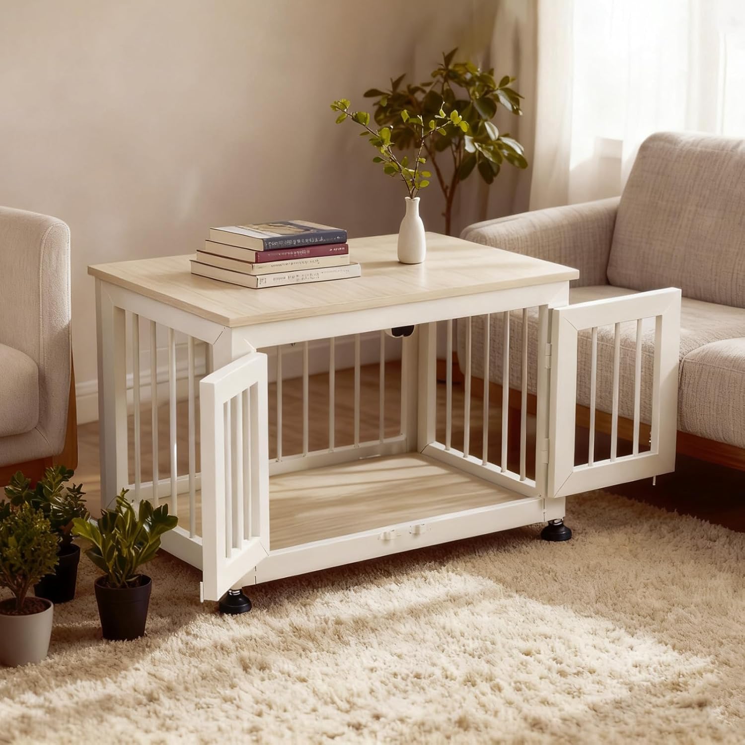 26 Inch Dog Crate Furniture, Heavy Duty Dog Crate for Small Dogs, Indestructible Cage for High Anxiety Dogs with Wooden Table for Indoor Decorative, Escape-Proof Locks & Double Door Cage