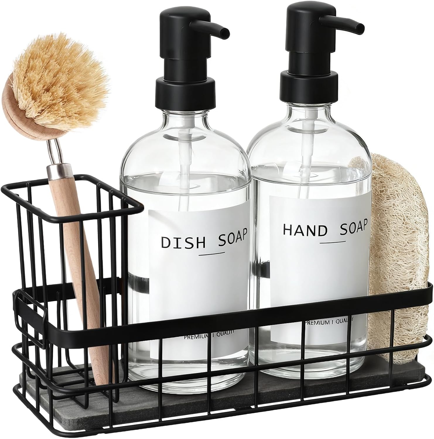Dish Soap Dispenser for Kitchen, 16.9 fl oz Clear Hand and Dish Soap Dispensers, Kitchen Soap Dispenser Set with Sponge Holder, Brush Holder and Loofah Sponge, Countertop Sink Organizer Accessories