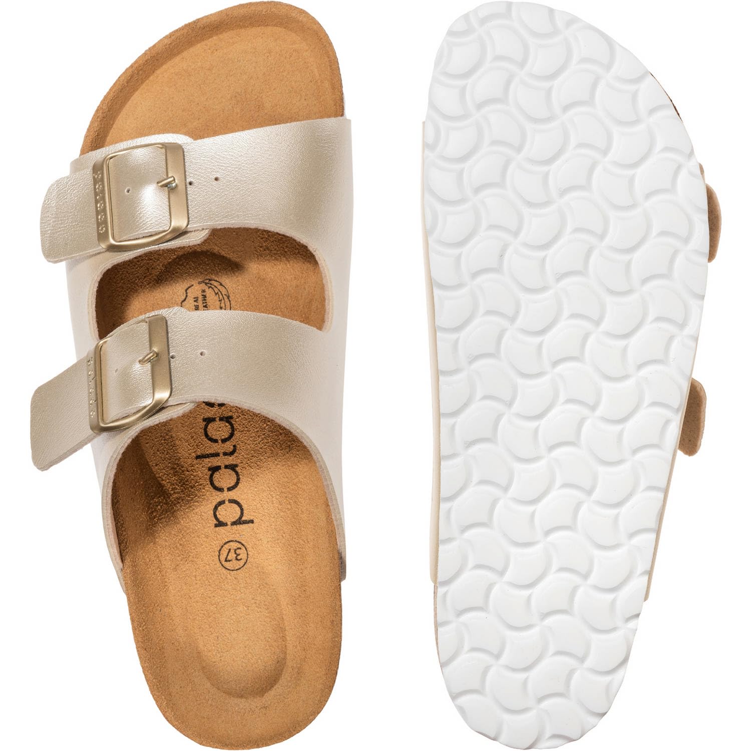 Palado Damen Pantoletten Korfu Metallic - Sandalen Made in Spain - elegante Hausschuhe mit Kork-Fußbett - modische Sommerschuhe