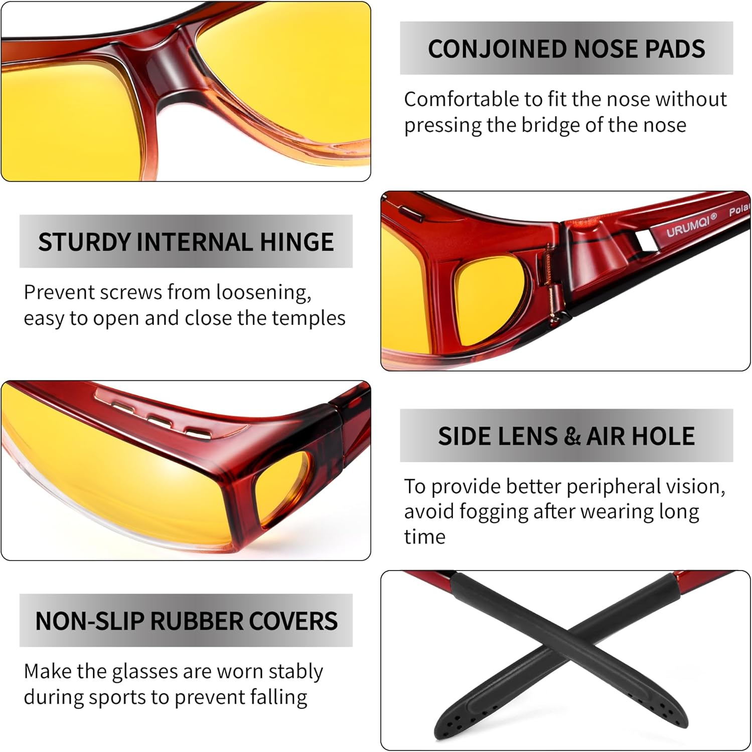 URUMQI Night Vision Driving Glasses Fit Over Eyeglasses for Men Women, Anti Glare Polarized Nighttime Glasses Yellow Lens - Image 4