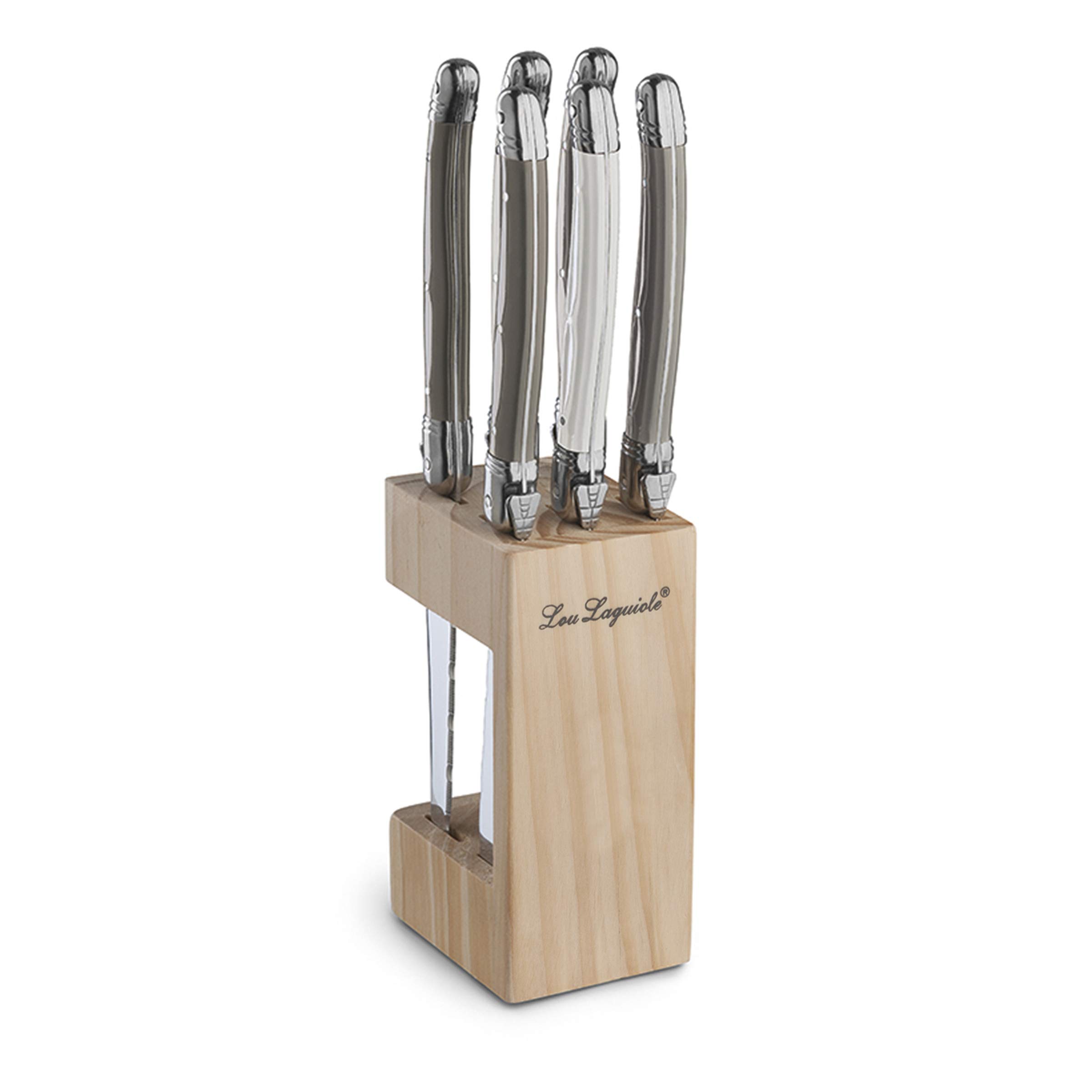 Lou Laguiole Tradition 6-Piece Steak Knife Set with Wooden Block | Mixed Pepper, Pearl & Taupe Handles | Micro-Serrated 18/0 Stainless Steel | French Heritage Design | Gift Ready
