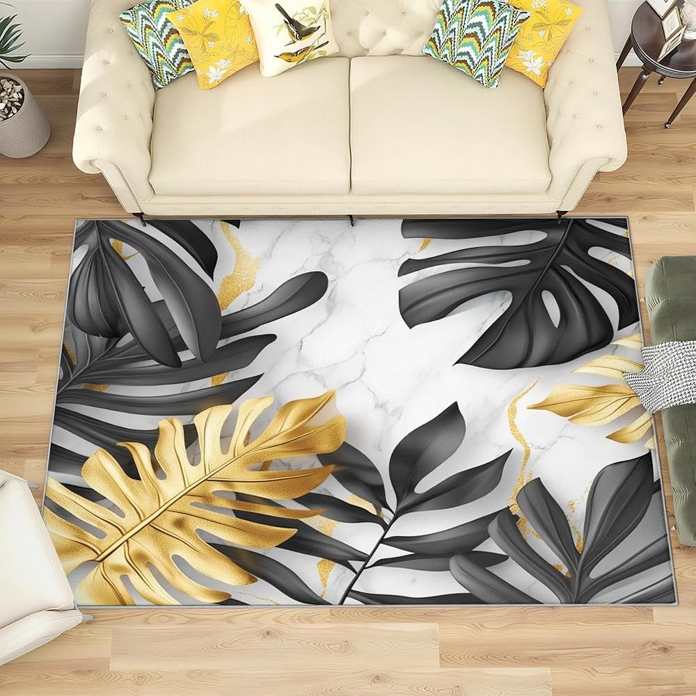 Genérico Flanelowe dywaniki do pokoju antypoślizgowe 160 x 230 cm tropikalne liście roślina miękka nieblaknąca mata podłogowa, czarne złoto dywaniki do wnętrz do salonu, sypialni, jadalni