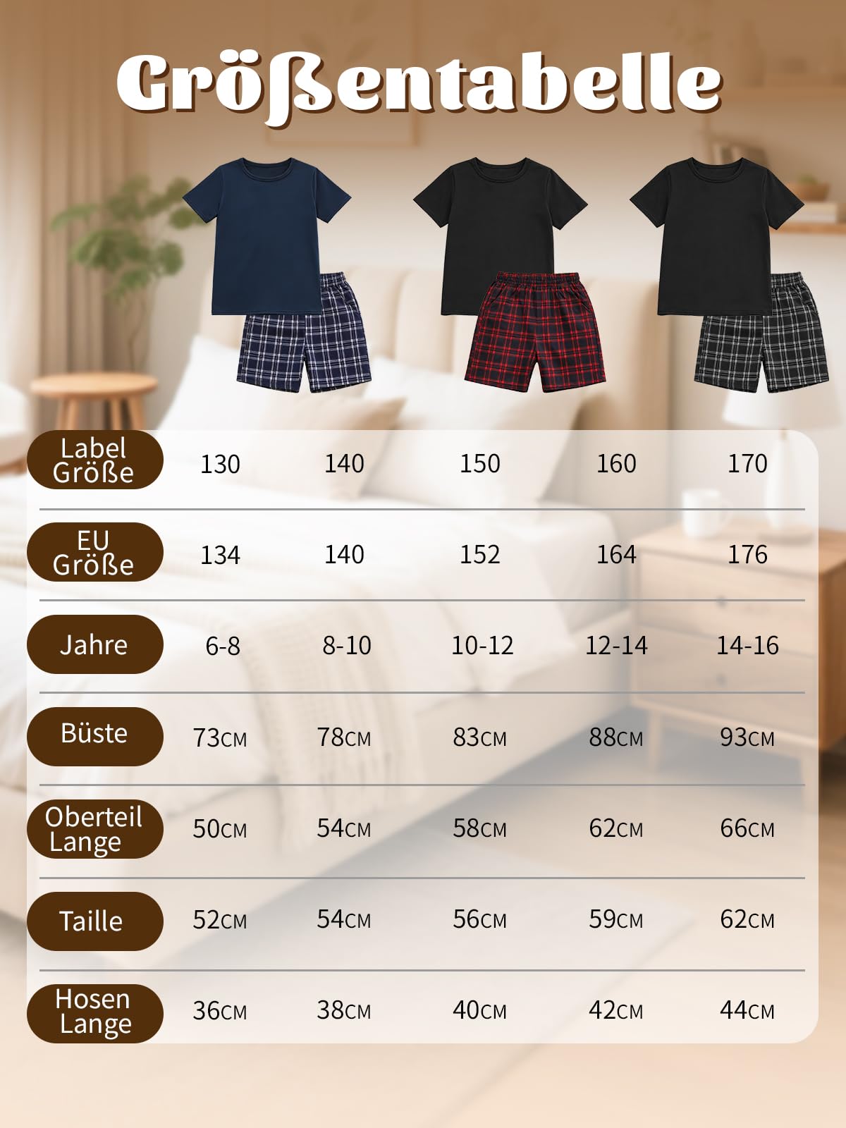 Schlafanzug Jungen Kurz Zweiteiliger Kurzer Schlafanzug Kinder mit 2 Taschen Weich Pyjama Runder Halsausschnitt T-Shirt und Karierte Kurze Hose Sommeroutfits 134-176 für Freizeit Sport Zuhause