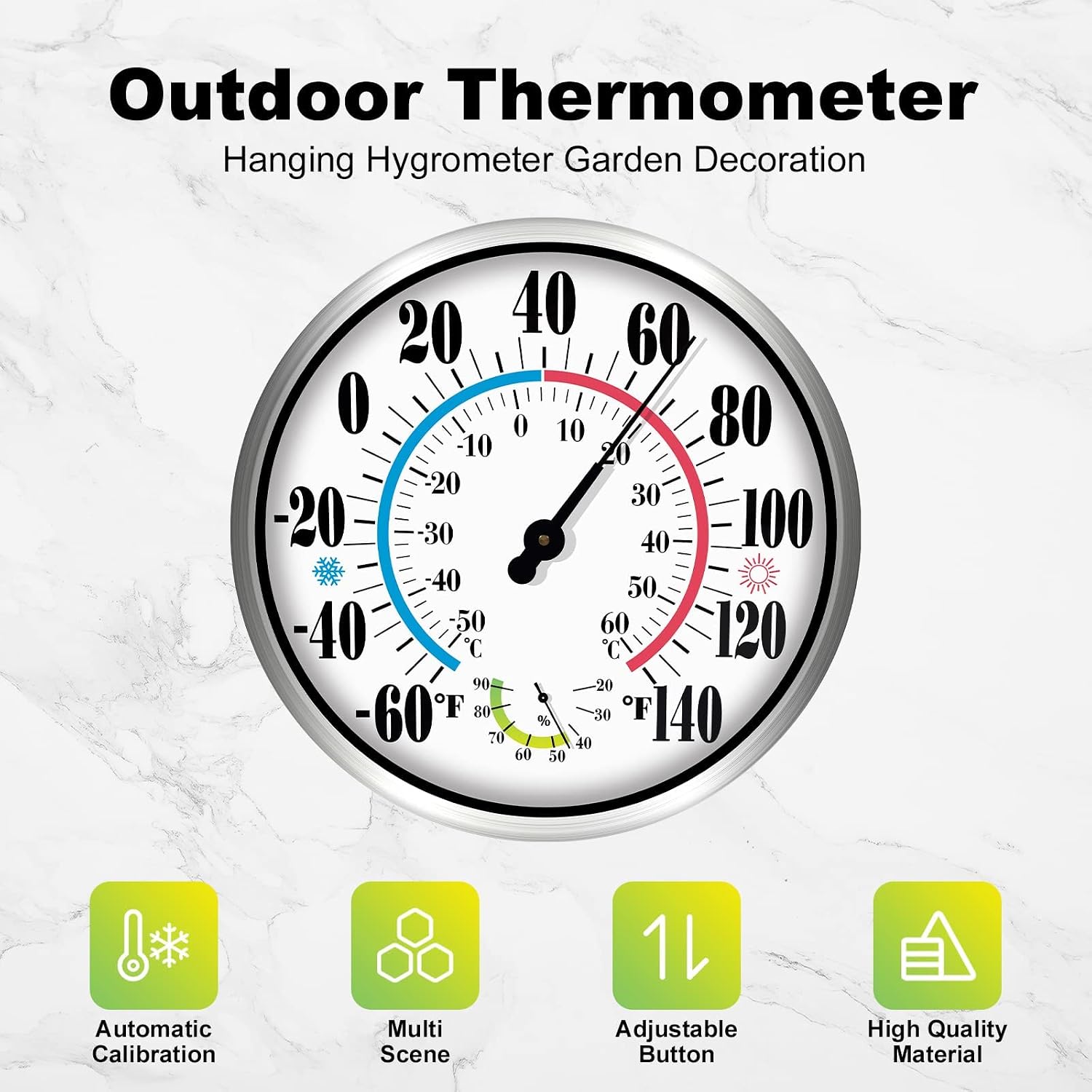 12'' Indoor Outdoor Thermometer Hygrometer - Premium Steel Outdoor Thermometer Large Numbers, Hanging Wall Thermometer Hygrometer for Home, Garden, Patio (No Battery Required)