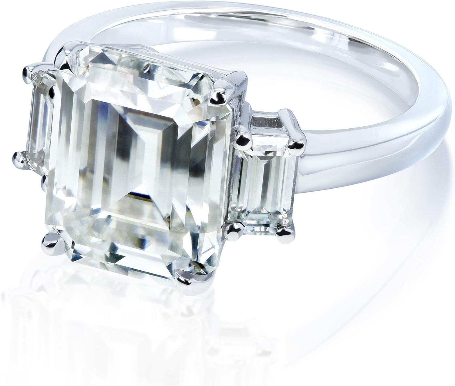 Kobelli 5 1/2 Carat TGW Three Stone Emerald Cut Moissanite Statement Engagement Ring in 14k White Gold - Image 7