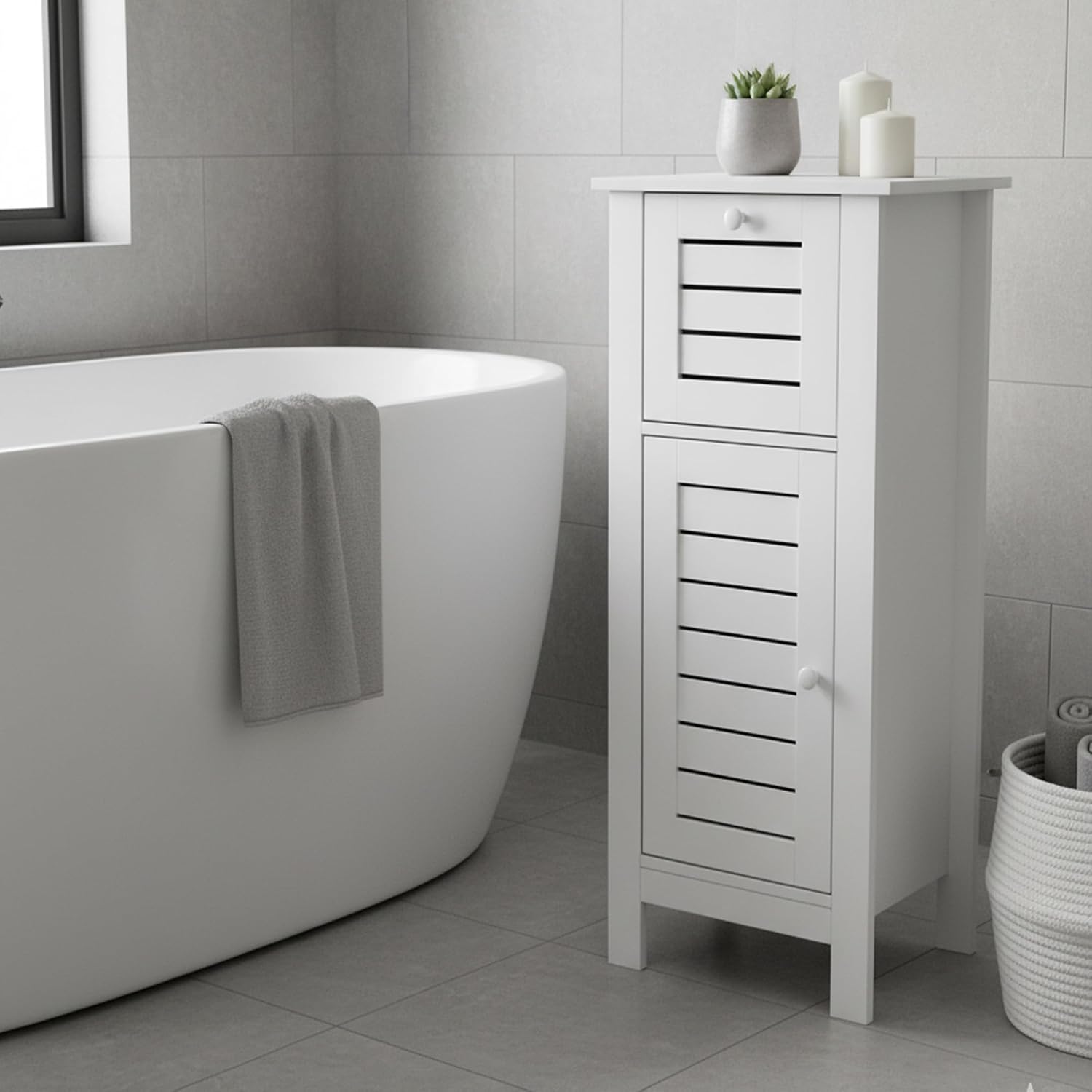 EVIDECO French Home Goods Compact White Bathroom Storage Cabinet with Drawer and Vented Door, Freestanding Linen Cabinet for Small Spaces, Santorin Collection