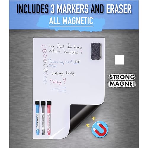 Miniatura 4 de Pizarra para refrigerador de 17 x 11 pulgadas, pizarra magnética de borrado en seco para refrigerador, tamaño A3 con 8 marcadores de tiza, paño de