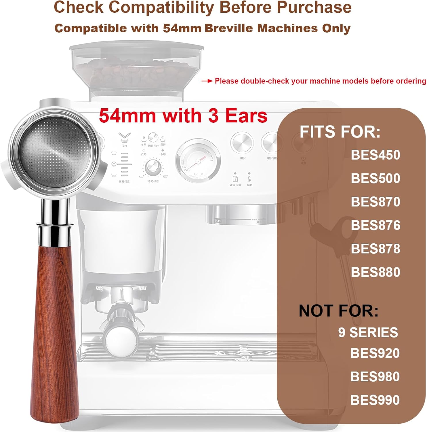 54mm Bottomless Portafilter with Puck Screen & WDT Tool – Compatible with Breville Barista Express/Pro/Touch, Bambino Plus, Infuser, Duo-Temp Pro, Filter Basket Included and Rosewood Handle