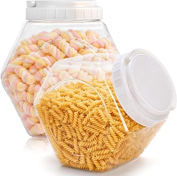 SOUJOY 2 Pack Plastic Candy Jar with Lid, 1 Gallon Cookie Containers for Kitchen Counter, Clear Hexagon Candy Display for Snacks, Dog Treats, Craft and Sewing Supplies, Coffee Pod, Laundry Pod
