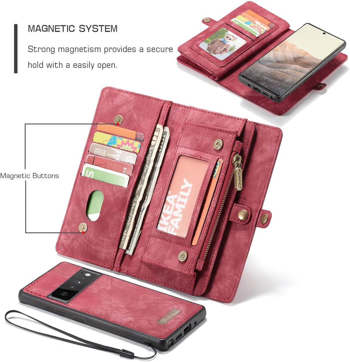 Simicoo Google Pixel 6A Leather Detachable Wallet Zipper Case with 11 Card Slots Holder Magnetic Case for Google Pixel 6A Flip Wallet Handle Wrist Strap Pocket Handbag (Pixel 6A, Red)