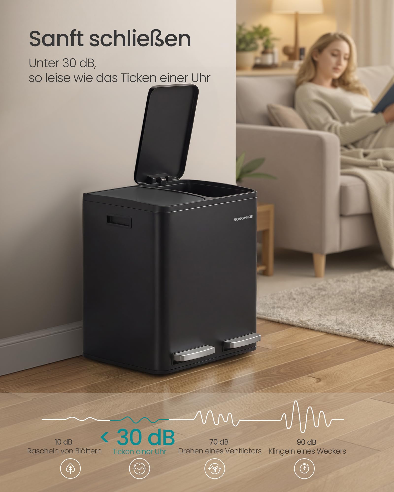 SONGMICS Mülleimer Küche 2 x 15 L Mülltrennsystem Tretmülleimer Stahl schwarz