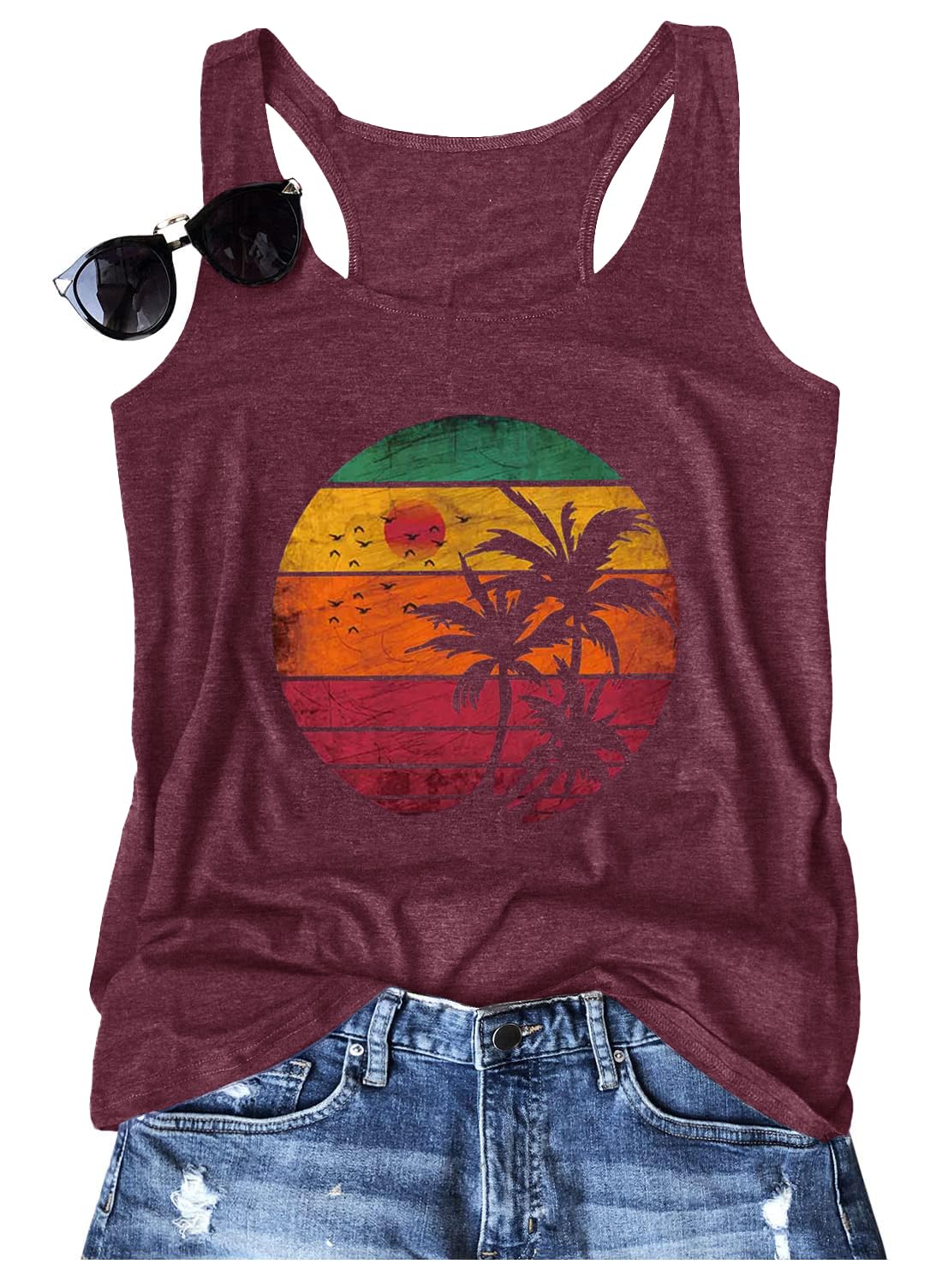 Women Vintage Beach Graphic Racerback Tank Top Summer Vacation Hawaiian Sunset Sun Sand Sleeveless Basic-Fit Shirt Cami