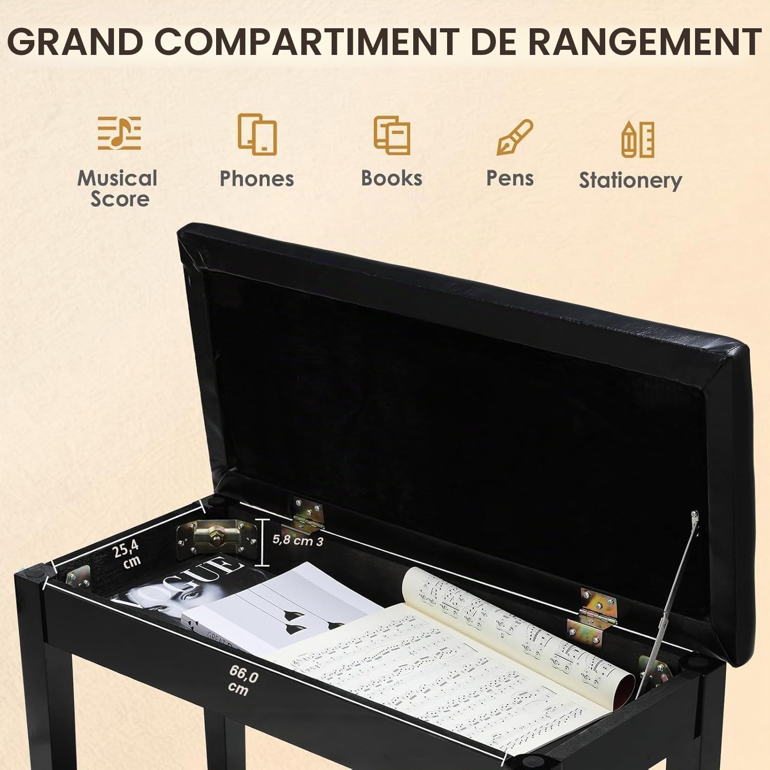 MAMIZO Tabouret de Piano, Siege Piano 75x35x49CM, Chaise Piano avec Espace de Rangement, Pieds en Bois Massif, Banc Piano avec Coussin en Cuir PU, Tabouret Piano Charge Maximale 200KG, Noir
