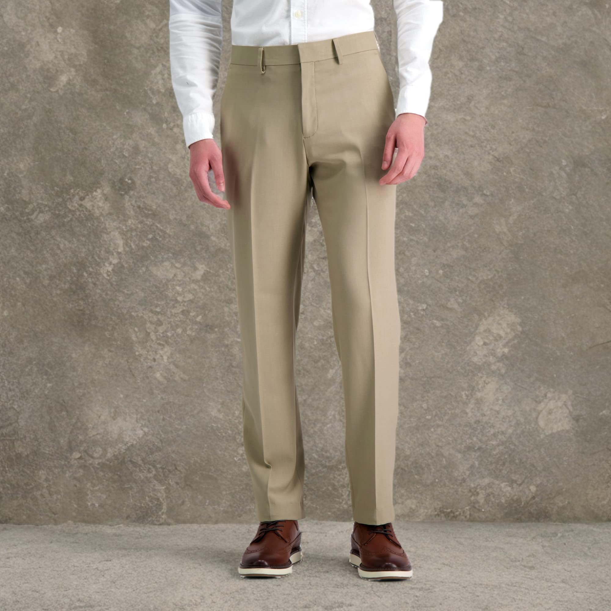 Haggar Mens Premium Comfort Straight Fit Flat Front Stria Dress Pants, Medium Khaki, 32W x 30L US