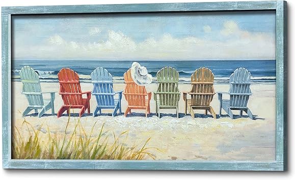 ArtSquare Coastal Ocean Wooden Wall Art - Large Beach Chair Painting Print Living Room Office Seascape Picture 48 x 24 inches