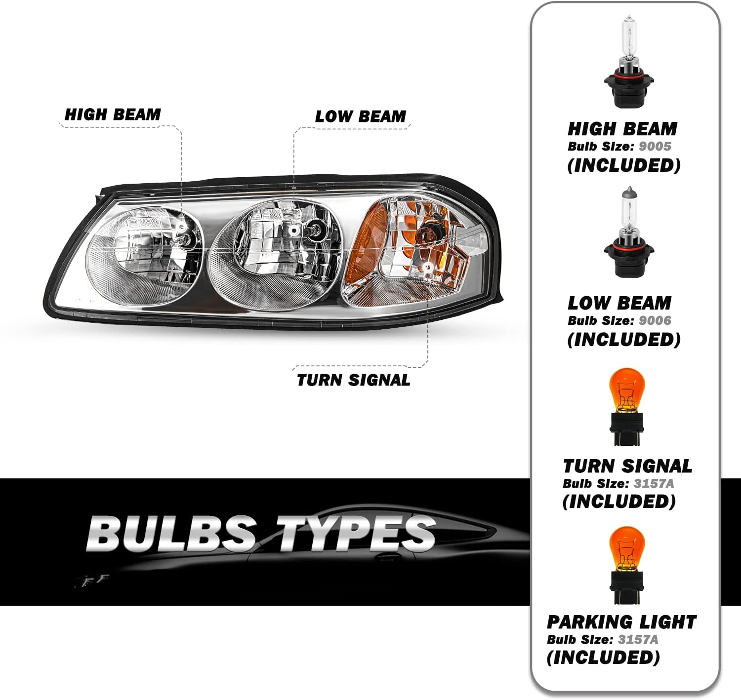 SOCKIR Headlight Assembly with Bulbs Included Compatible with 2000-2005 Chevy Impala, Chrome Housing with Amber Reflector