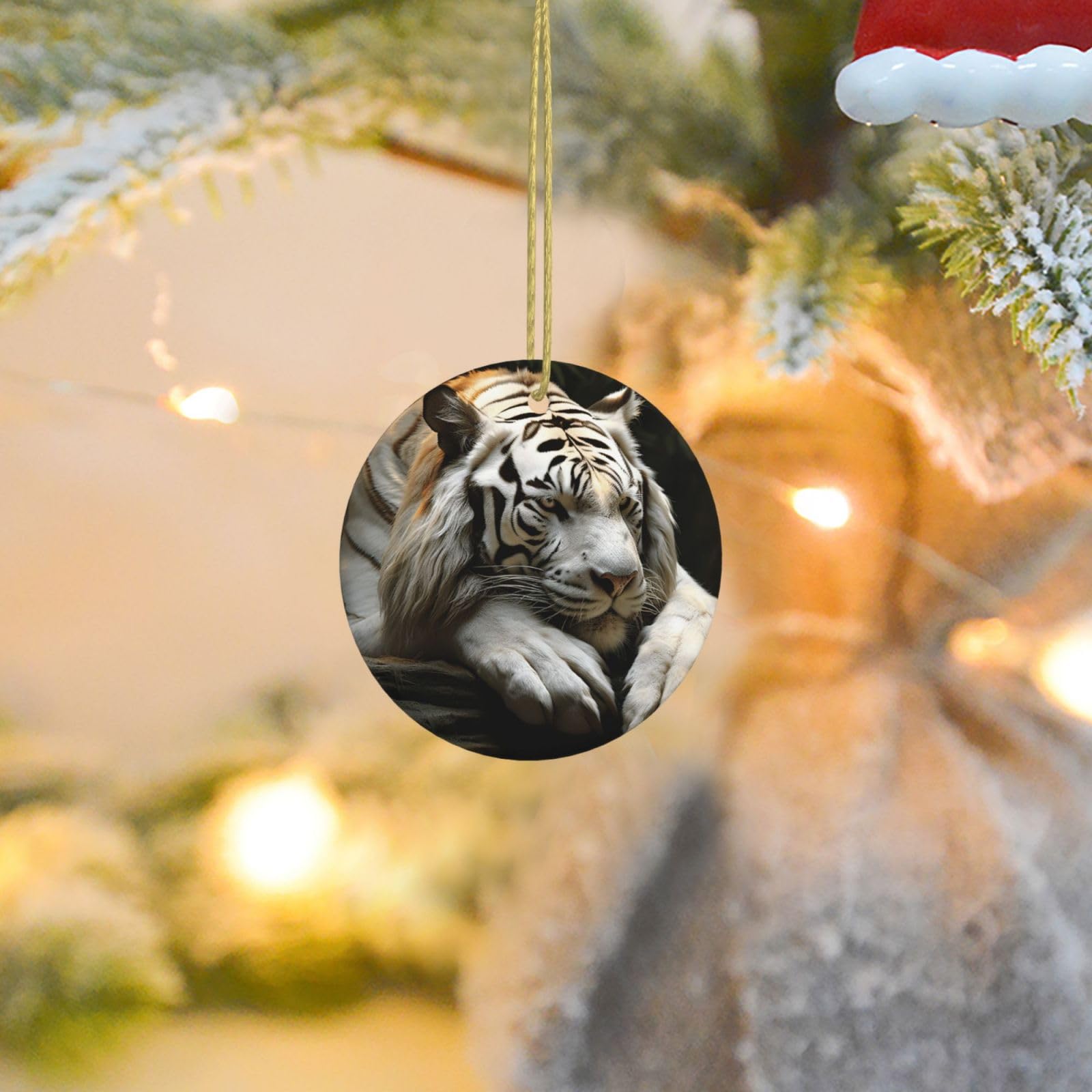 Christmas Ornaments for Christmas Tree Decoration Ceramic Hanging Lying Tiger Ornament with Gold Ribbon Crafts Round Pendant for Keepsake Gifts Glass Xmas Decor Party Supplies