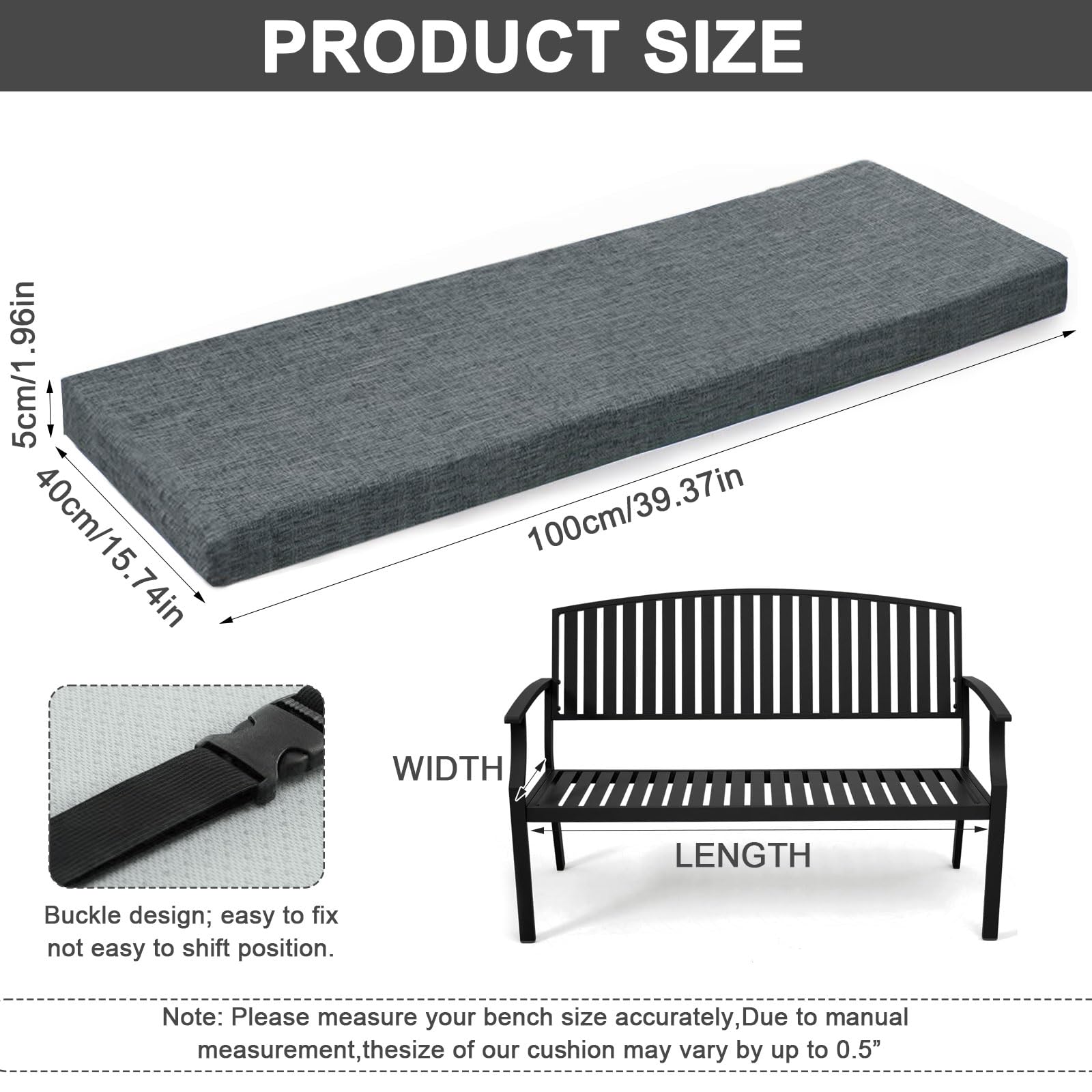 Cuscino per panca da esterni, 100 x 40 x 5 cm, in schiuma spessa 5 cm, lavabile e antiscivolo, per interni ed esterni, verde erba (grigio scuro, 100 x 40 x 5)