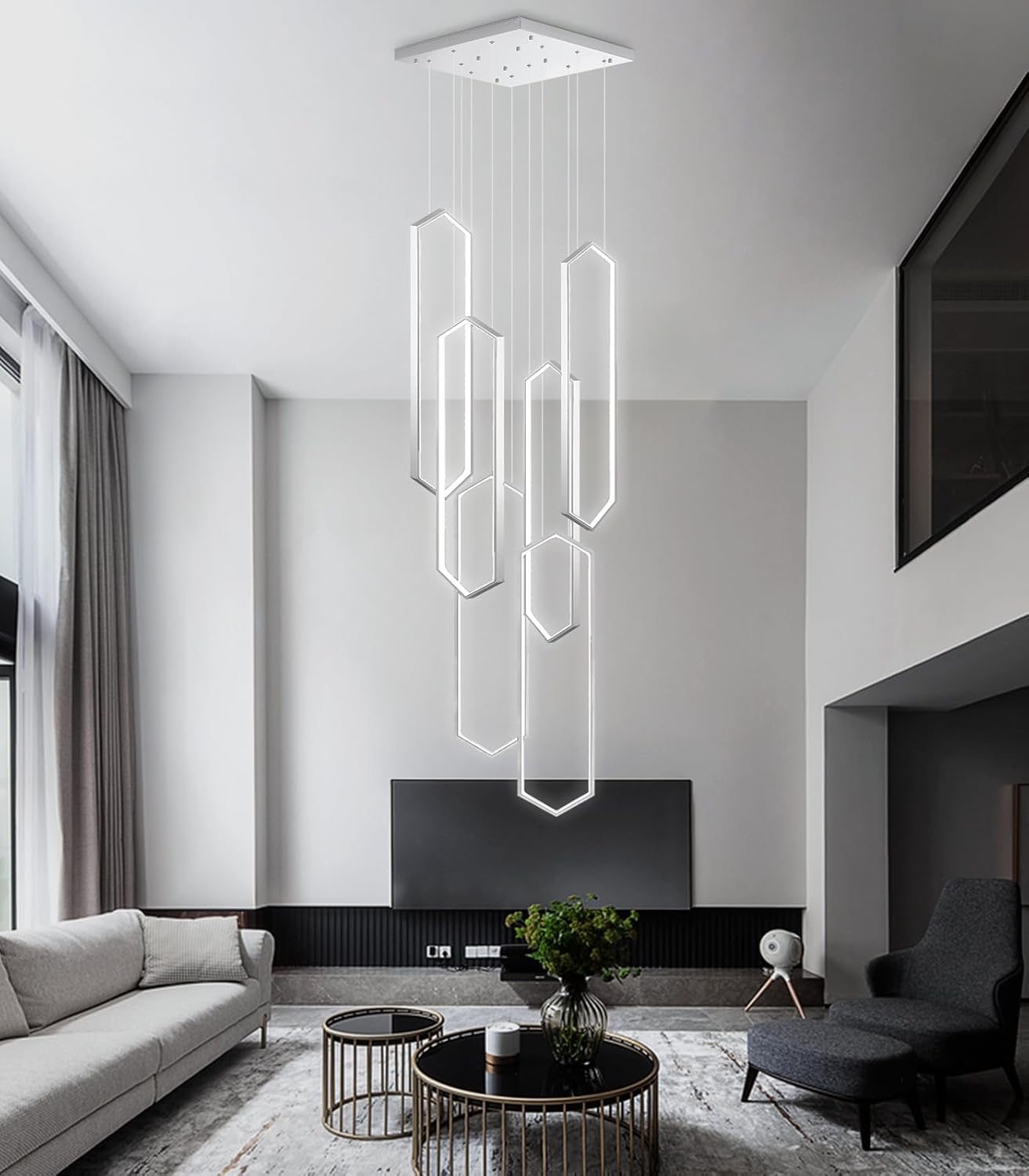 6 Rings Modern Chandelier LED Dimmable Pendant Lighting Adjust Flush Mount Ceiling Light for Foyer Lobby Living Room Staircaes Sliver 78.7'' Silver 26in x 9.4in x 118in