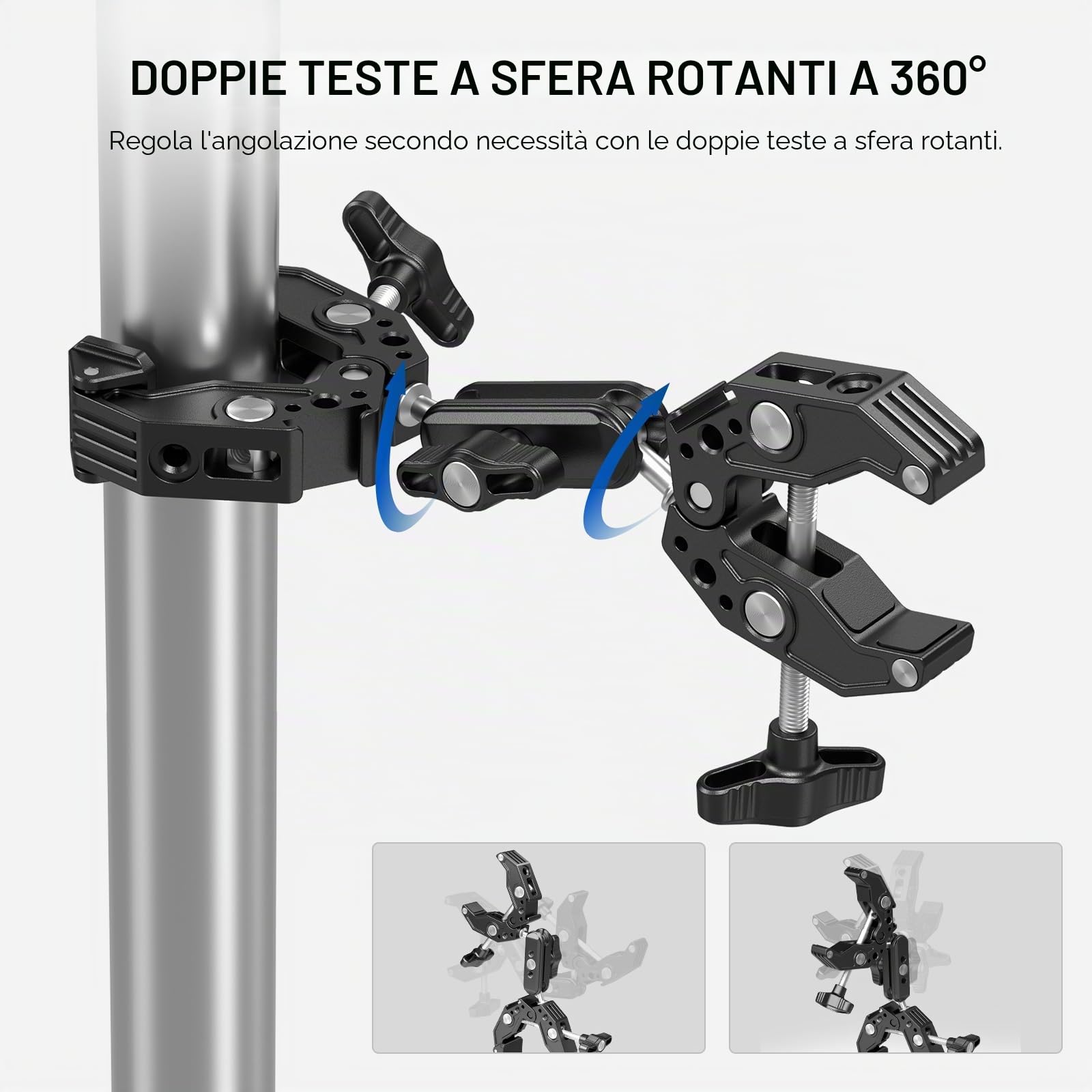 NEEWER Doppia Super Clamp Supporto per Fotocamera, Braccio Magico a 2 Teste Sferiche, Slitte Fredde, Supporto per Action Camera/Luce LED per Aste da Scrivania Compatibile con SmallRig GoPro DJI,UA036