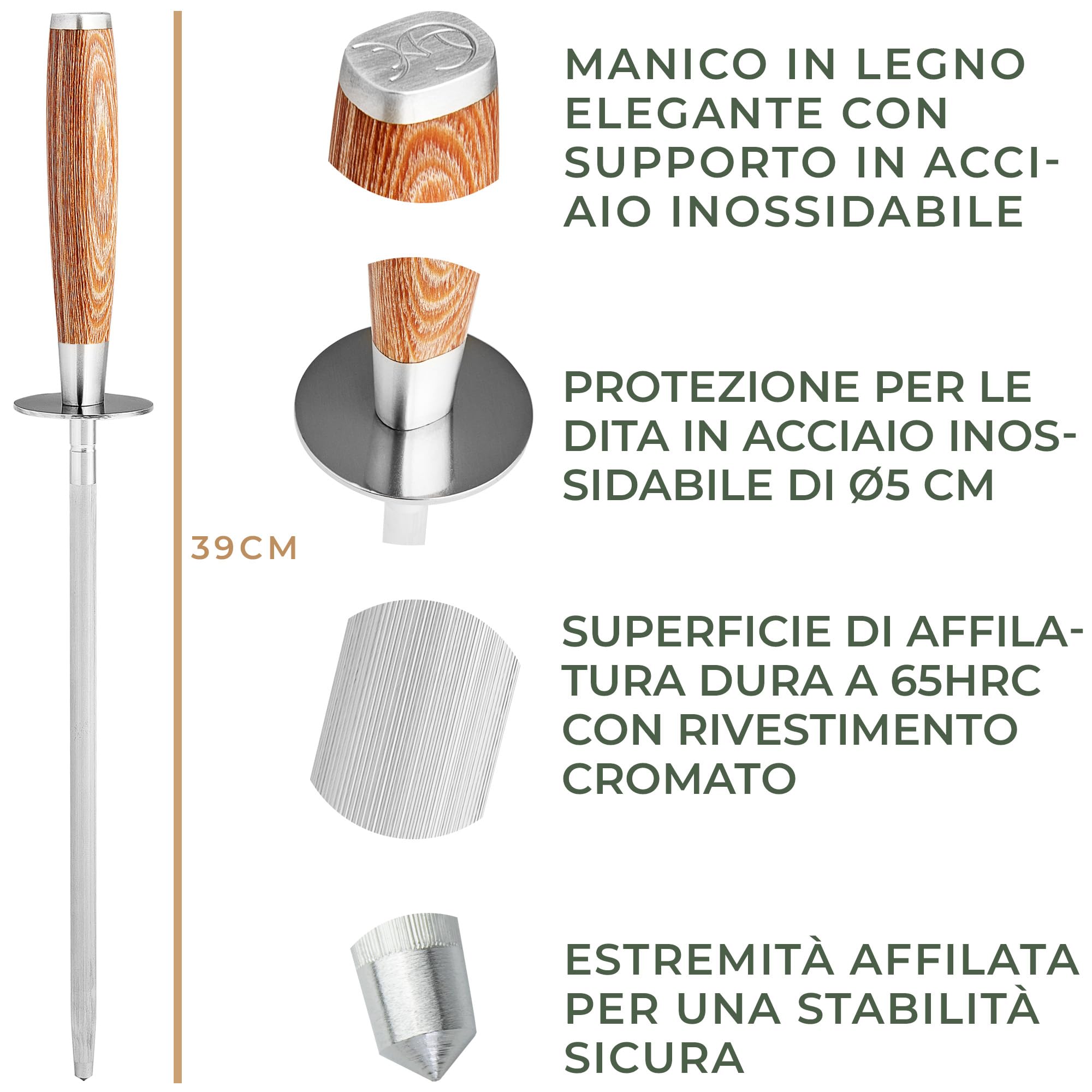 WALDWERK Affila Coltelli Premium – Affilacoltelli in acciaio temprato con elegante manico in legno – Acciaino professionale 100% privo di plastica – Affila Coletelli professionali