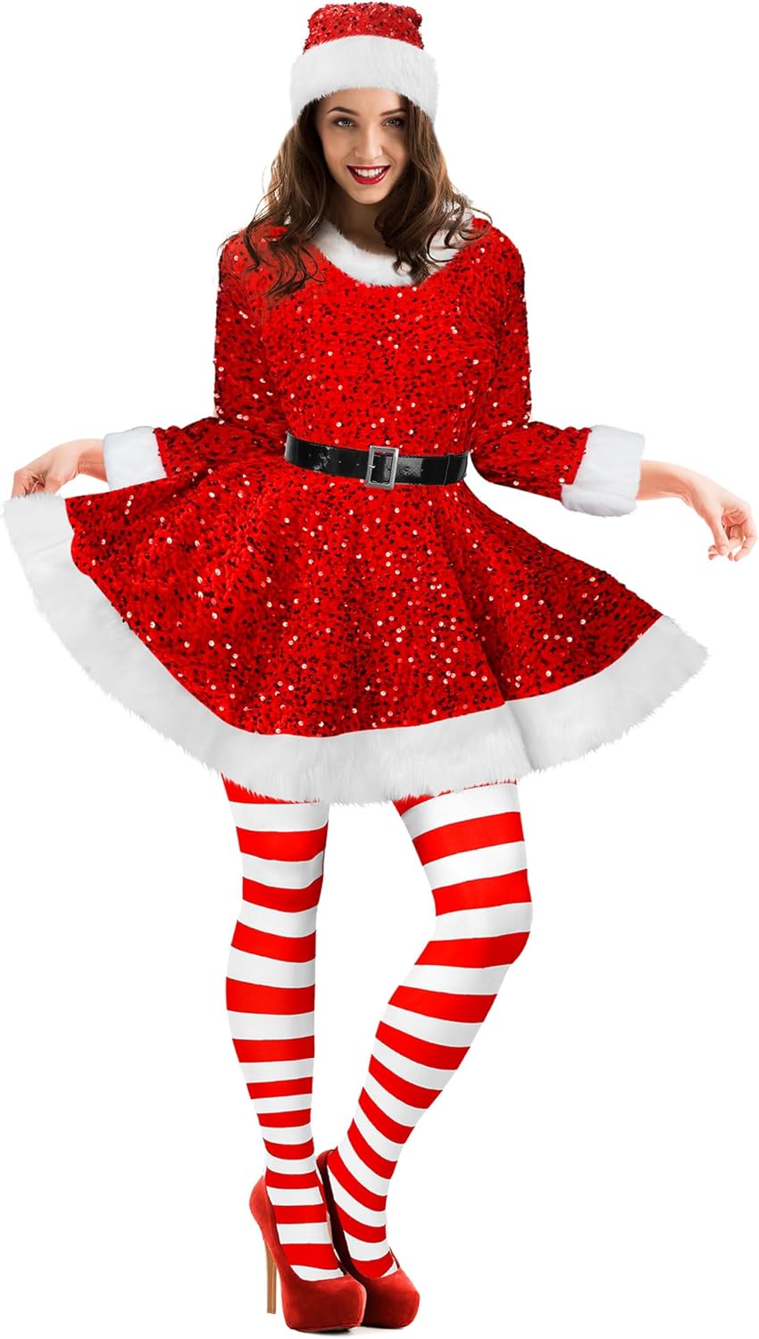 Geyoga Women's Santa Claus Costume Set Velvet Dress with Belt Women's Xmas Striped Tights Santa Hat Set Dress Cosplay