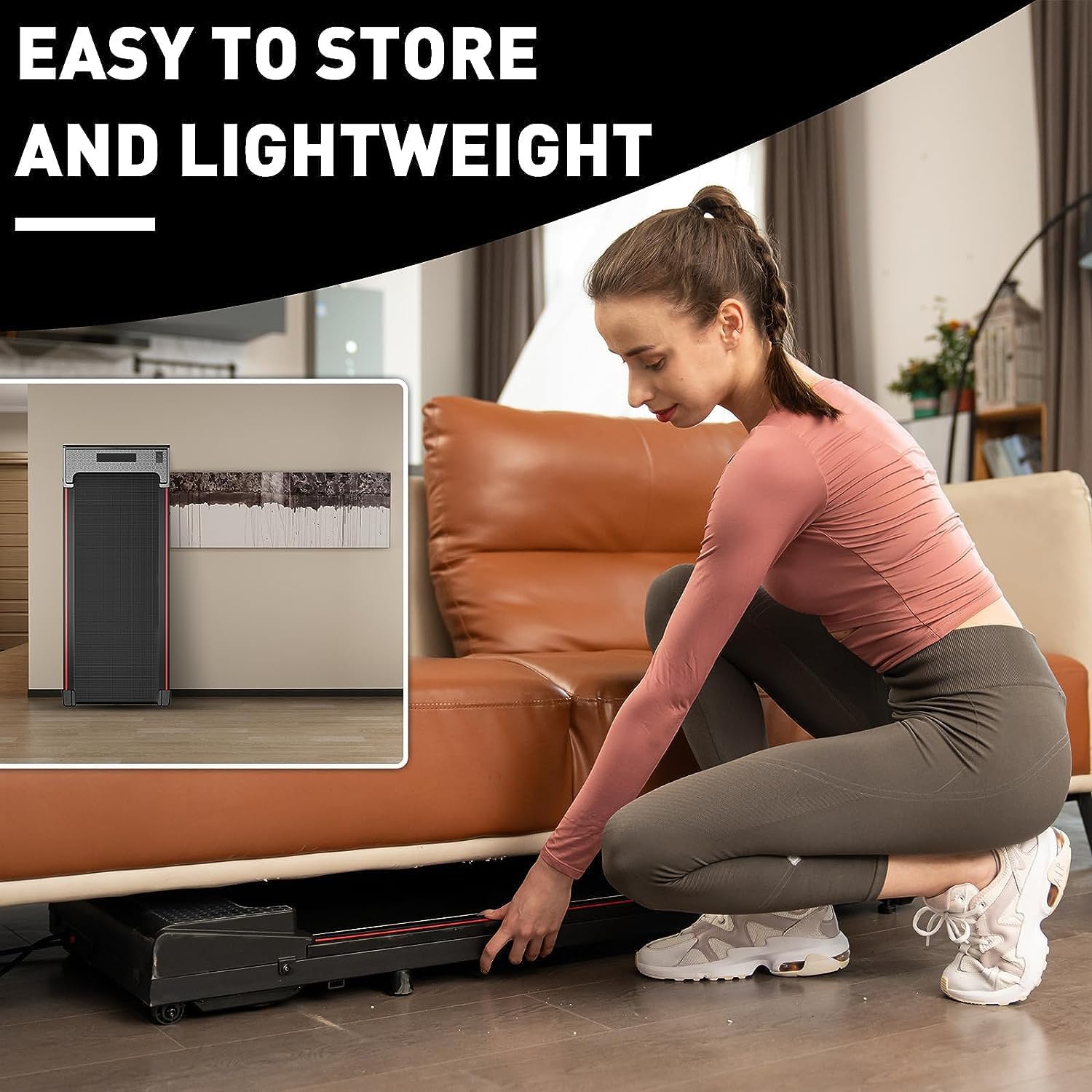 Woman storing the walking pad under a couch