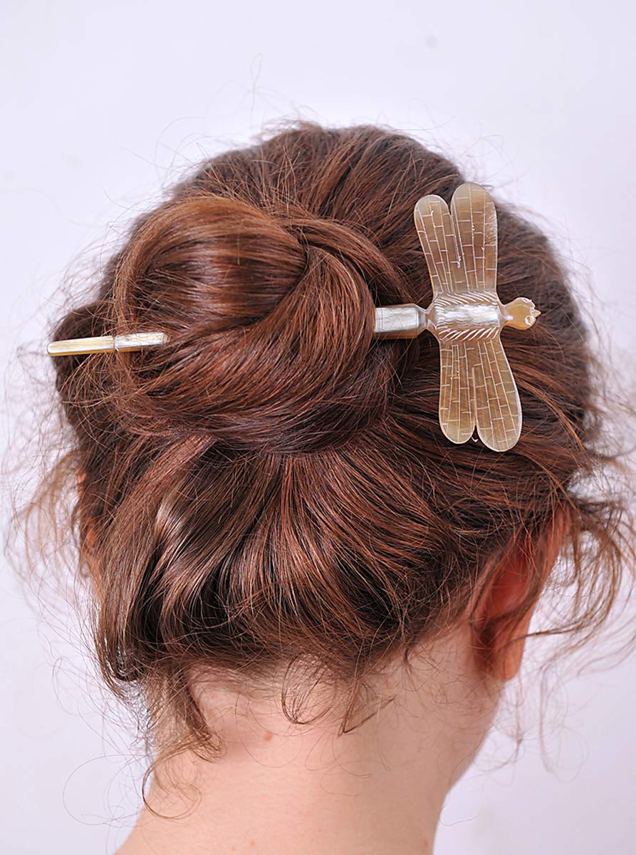 Pic à Cheveux En Corne Sculpté Main Libellule - Longueur 16 Cm - Accessoire Artisanal écologique