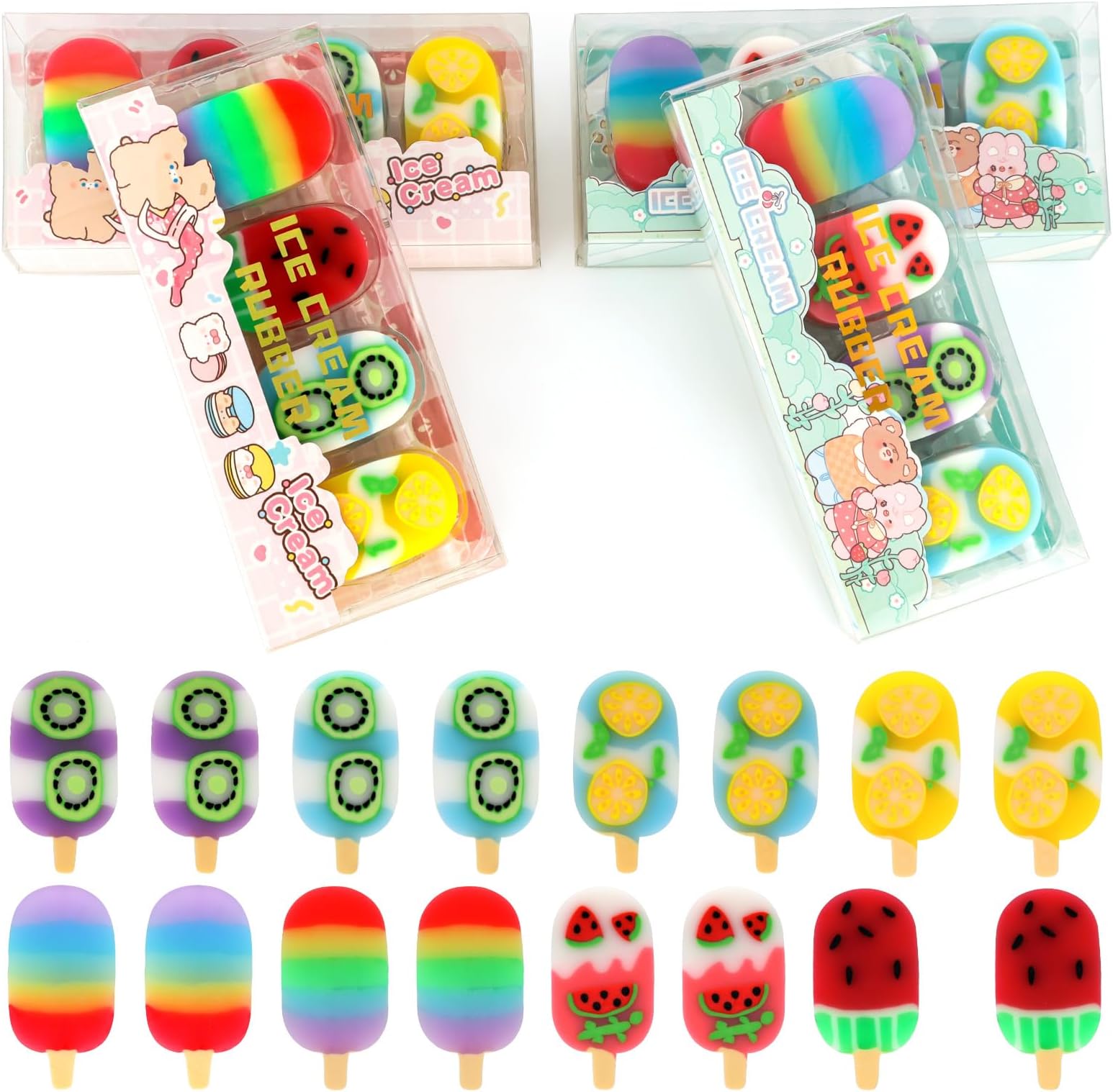 16 Pcs Ice Cream Erasers, Fruit Ice Cream Erasers for Kids, Cute Fruit Pencil Eraser for Classroom Prizes, Gifts Supplies, Back to School Party Favors
