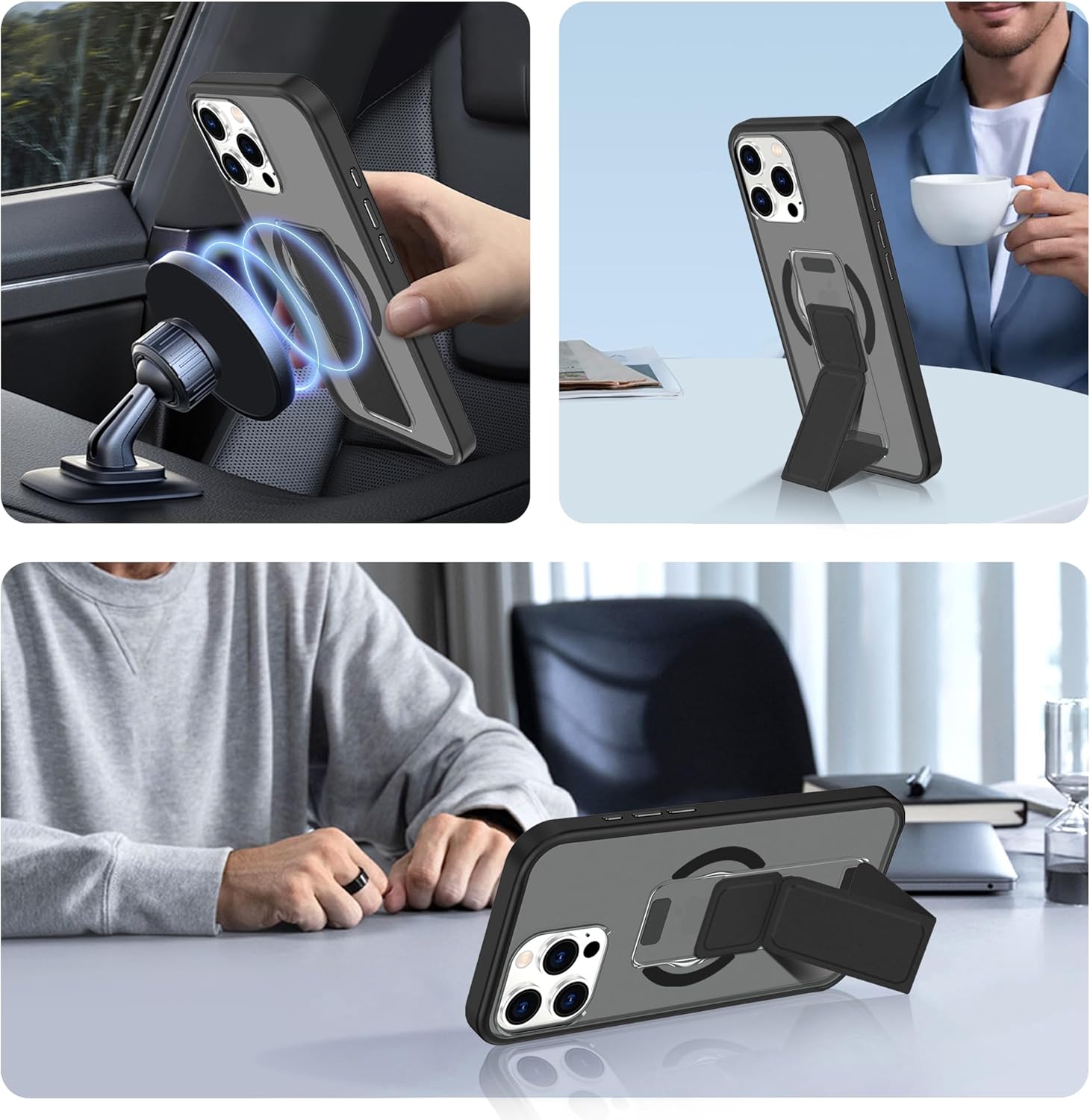 Magnetic Case for iPhone 16 Pro Max, Military Grade Shockproof, Slim Translucent Matte Black Case with Stand Hand Strap, Compatible with MagSafe, Wireless Charging - Image 7