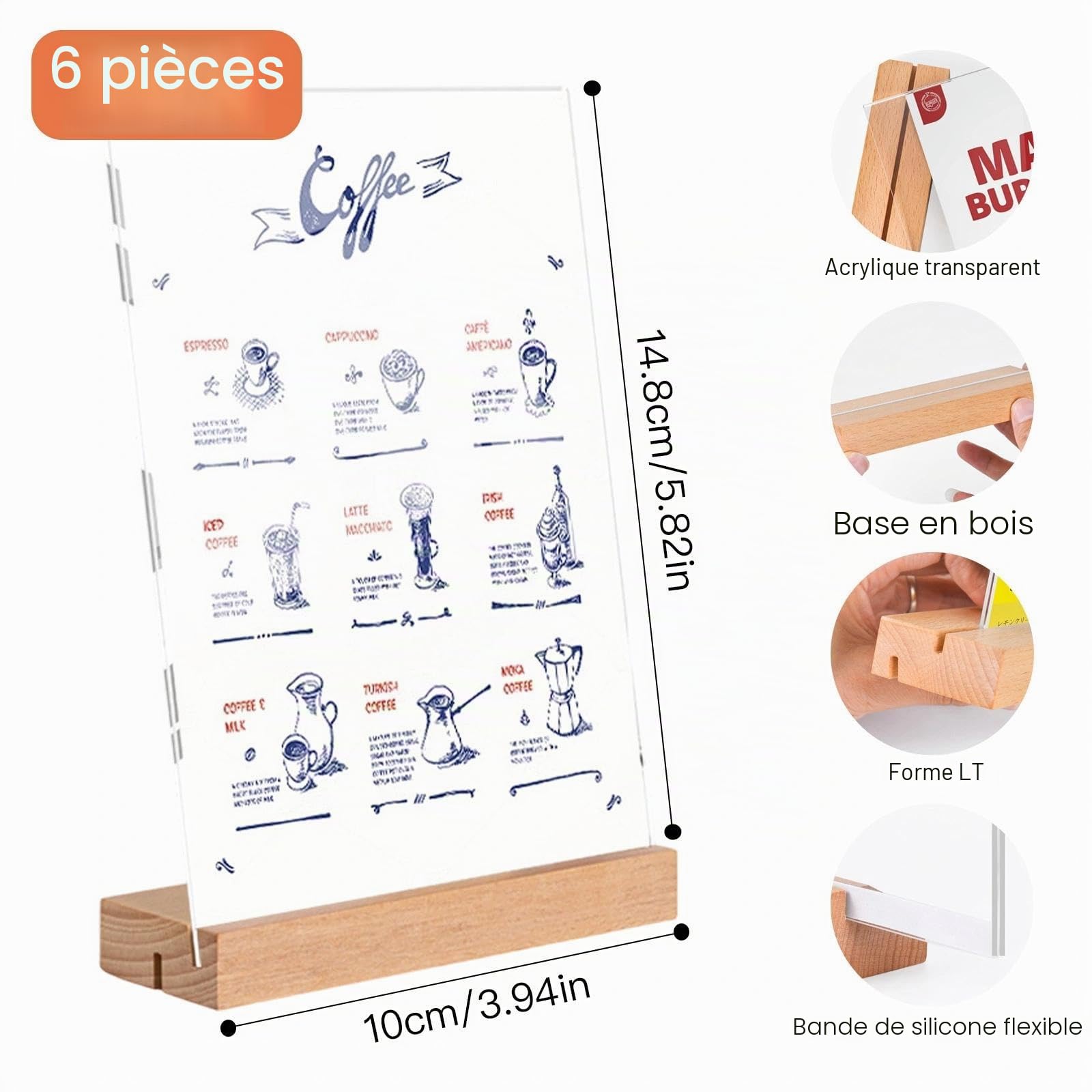 Lot de 6 Porte Affiche A6 Porte Menu A6 Présentoir de Table Acrylique T-Base en Bois Support pour Menu Présentoir A 6 Transparent Support Affiche avec Base en Bois L&T
