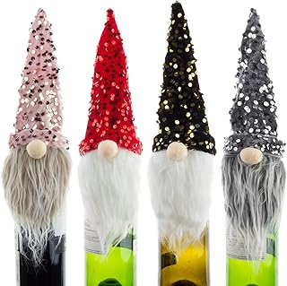 Liuyoyo 4 PCS Christmas Gnome Wine Bottle Covers, Handmade Swedish Gnomes Wine Bottle Toppers, Glitter Sequin Hat Handmade Tomte Swedish Gnomes Wine Bottle Toppers Decor