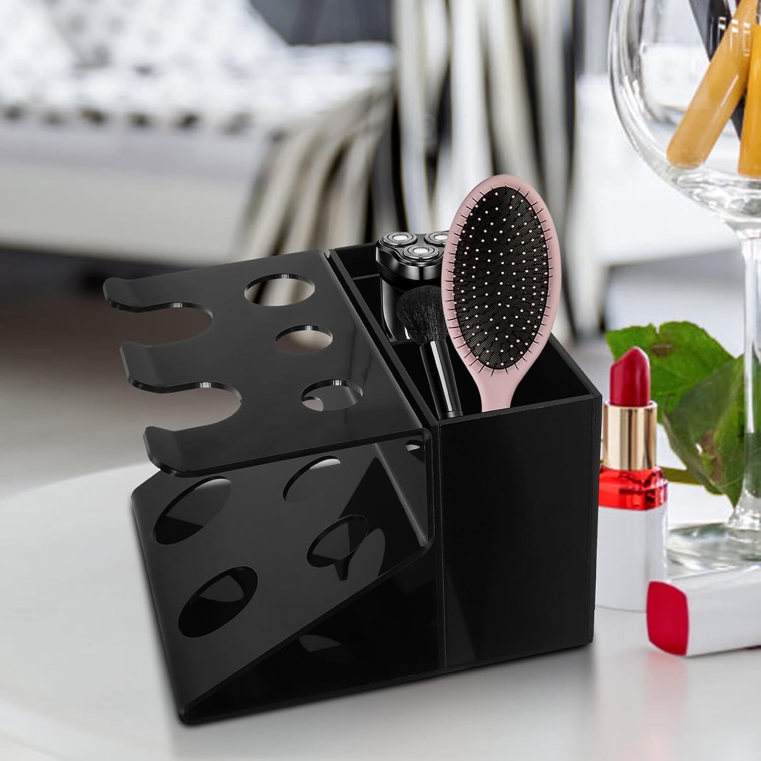 SEWACC Acrylic Razor Holder and Makeup Organizer for Bathroom Vanity, Black Desktop Sundry Storage Case with Skincare Organizer, Compact Cosmetic Display Rack for Daily Use image 5