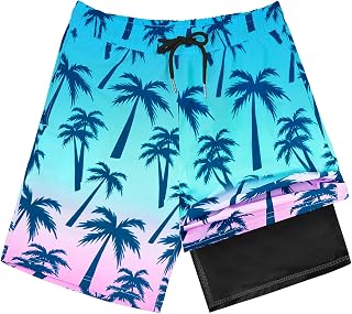 OlyPegic Boys Swim Trunks with Compression Boxer Brief Liner - Quick Dry Toddler Bathing Suit for Beach & Pool