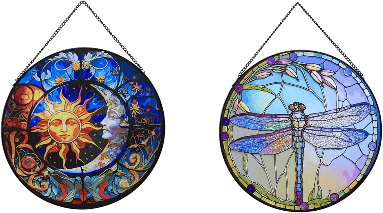 Sun and Moon+Dragonfly Hanging Stained Glass Suncatcher for Windows,20cm/7.87inch Hand-Painted Sun Catcher Garden Hangings Christmas Mother's Day, Valentine's Day Ornaments Festival Gift(2Pcs)