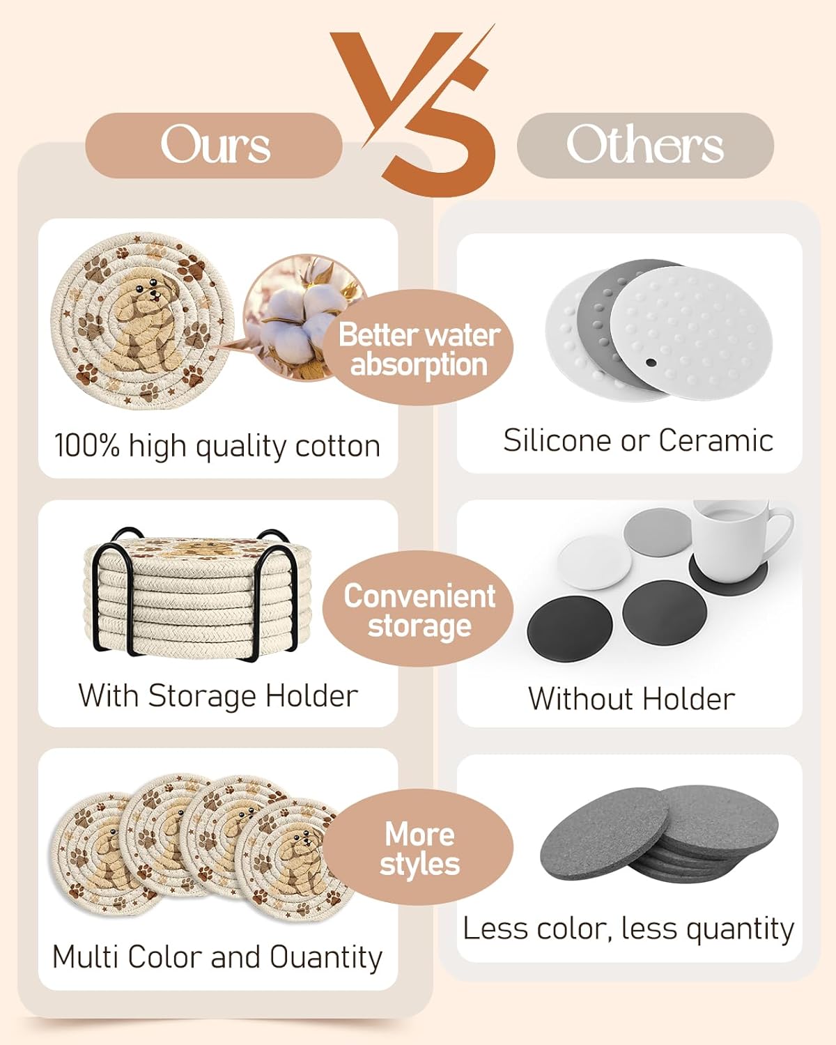 Cup Coasters for Drinks Absorbent - for Coffee Wooden Table Office Home Farmhouse Outdoor Rustic Desk Cup Mat Soft Woven Cloth Braided Fabric Cute Kawaii Dog Coaster Set of 6 with Holder - Image 3