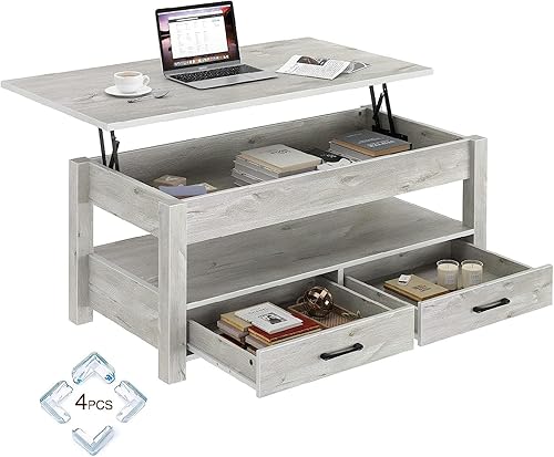 Mesa Auxiliar, Mesa de Centro con Cajones y Compartimento Oculto, Mesa Central Retro con Tablero de Elevación de Madera, para Sala de Estar (Gris,