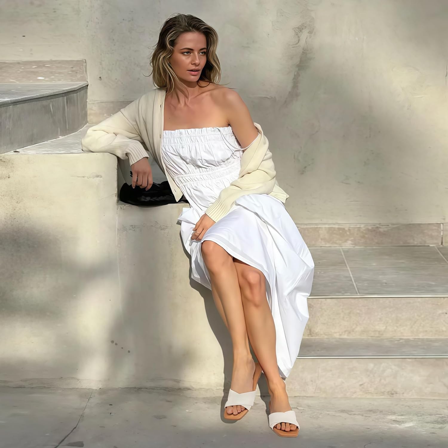 FITORY Women's Flat Sandals, Square Fashion Slides with Cross-Strap, Soft Leather Slippers for Summer Size 6-11 - Image 3